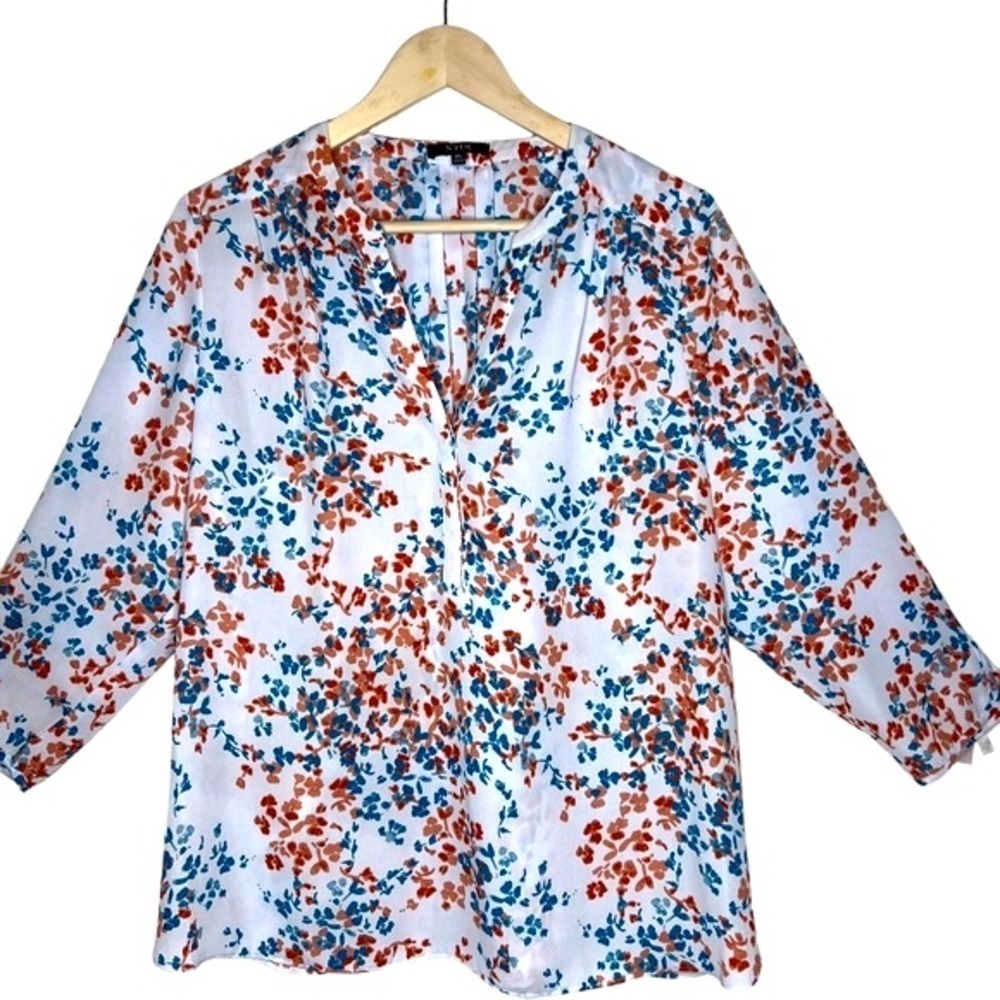 NYDJ White Peach Floral Print V Neck 3/4 Sleeve Pintuck Blouse Size Large P NWOT